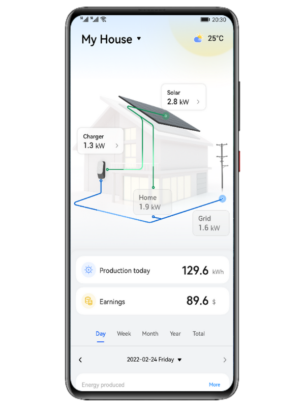 Smartphone-Display mit Solarüberwachungs-App, die Echtzeit-Daten zum Energiefluss im Haus anzeigt