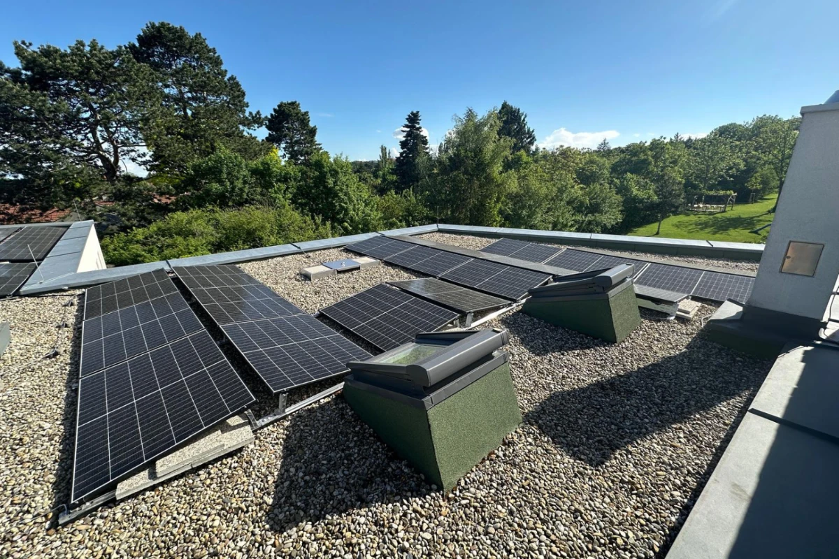 PV Anlage Flachdach Perchtoldsdorf auf einem Kiesdach mit modernen Solarmodulen und zwei begrünten Dachfenstern vor einer Kulisse aus hohen Nadelbäumen, installiert von SolarNow