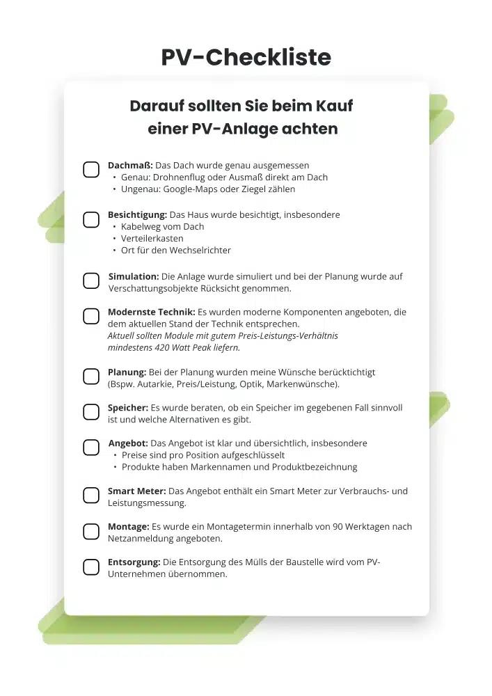 PV-Checkliste von SolarNow Photovoltaik Anbieter in Wien und Umgebung mit wichtigen Kriterien für den Kauf einer PV-Anlage wie Dachmaß, Besichtigung, Simulation, Speicher, Angebot, Smart Meter, Montage und Entsorgung.