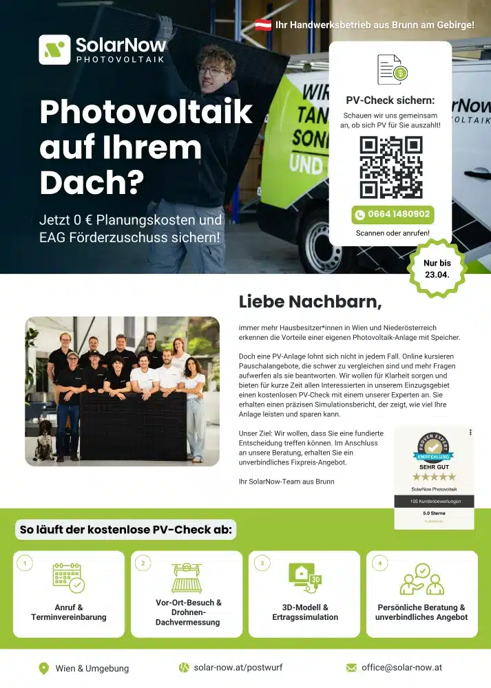 Informative Postwurfsendung SolarNow mit Teamfoto und vier Schritten zum kostenlosen PV-Check in Brunn am Gebirge