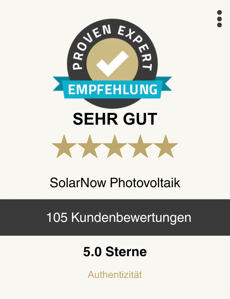 ProvenExpert Bewertung Siegel von SolarNow Photovoltaik mit der Auszeichnung Sehr Gut und 5.0 Sternen bei 105 Kundenbewertungen