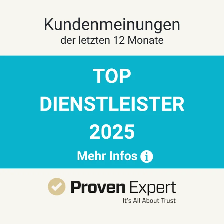 Auszeichnung Top Dienstleister 2025 ProvenExpert zeigt das türkisfarbene Siegel für SolarNow als Spitzenreiter in der Kategorie Photovoltaik und erneuerbare Energien basierend auf Kundenbewertungen